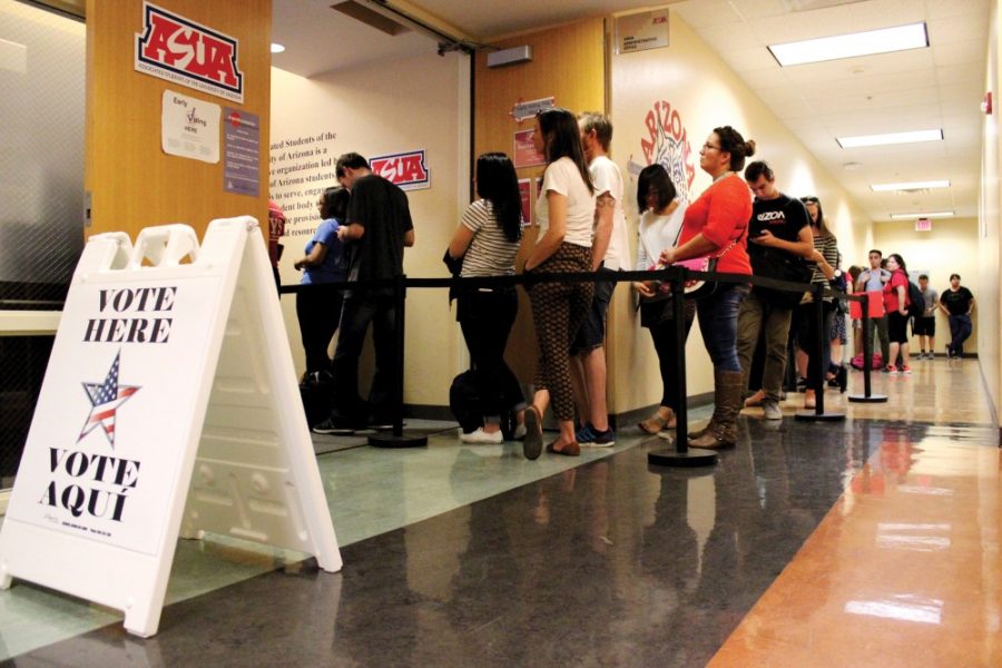 Early voting Pima County members wait in line to cast their vote in at the ASUA office on Friday, Nov. 4, 2016. Michael Finnegan, ASUA president mentioned that the office had been opened for the past week for citizens to vote early.