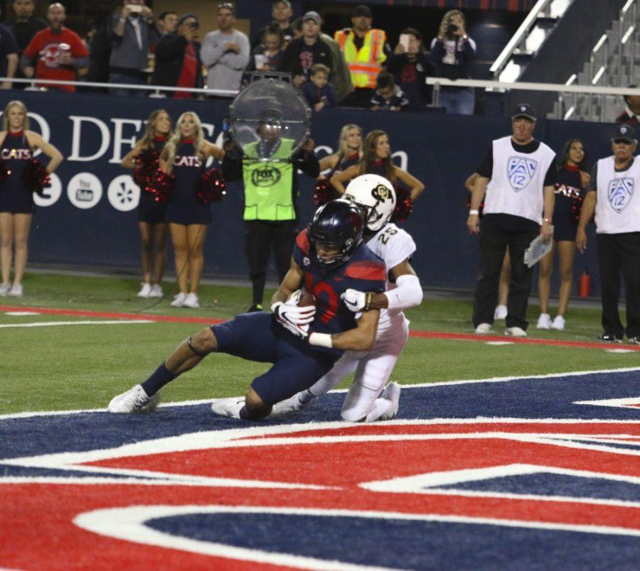 Arizona wide receiver Shawn Poindexter (19) scoring a touchdown during the second quarter of the Arizona vs. Colorado game on Friday November 2, 2018. Wildcats lead 26-24 at halftime. .