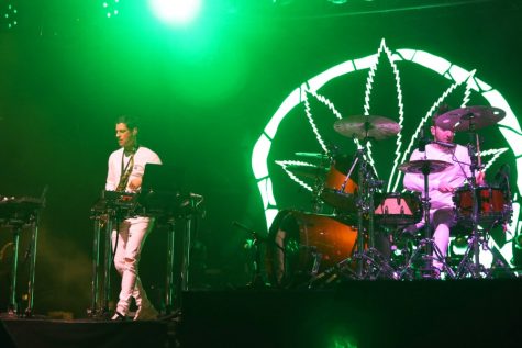 Instrumental electronic, hip-hop, and jazz duo Big Gigantic perform at Dusk Music Festival on Sunday in Tucson, Ariz. The duo is comprised of Dominic Lalli, a saxophone player/producer, and Jeremy Salken who plays drums.