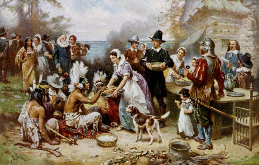 This painting, called The First Thanksgiving, 1621 was painted in the early twentieth century by Jean Leon Gerome Ferris. This represents the whitewashed American view of Thanksgiving perpetuated by media and taught in schools.