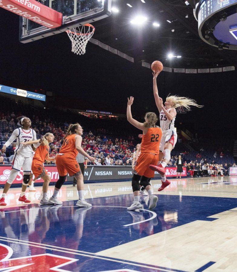 UA womens basketball forward Cate Reese (25) jumps toward the hoop, while being defended by Idaho State. 