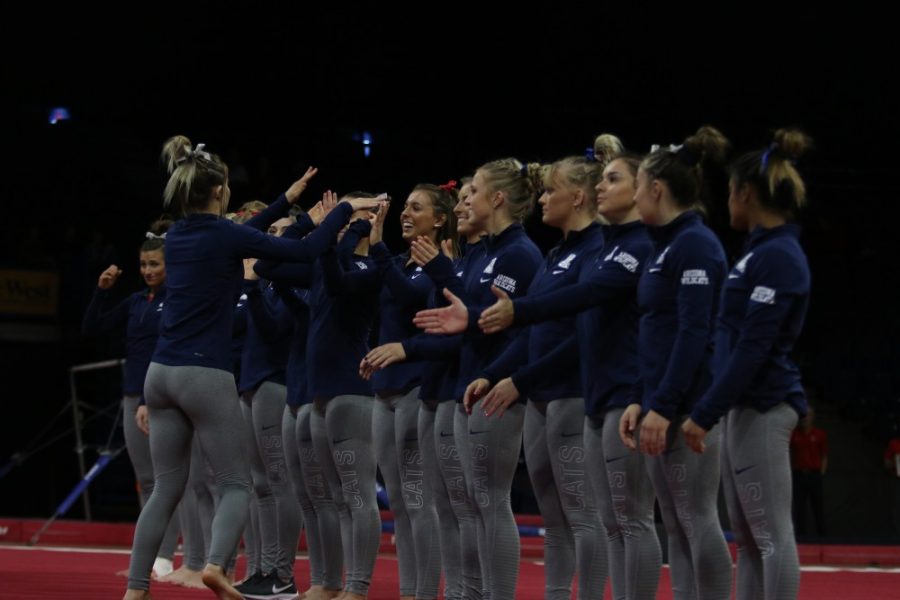   UA gymnast Courtney Cowles high fives her teammates before beginning the UA Gymcat Showcase on December 2nd in the McKale Center