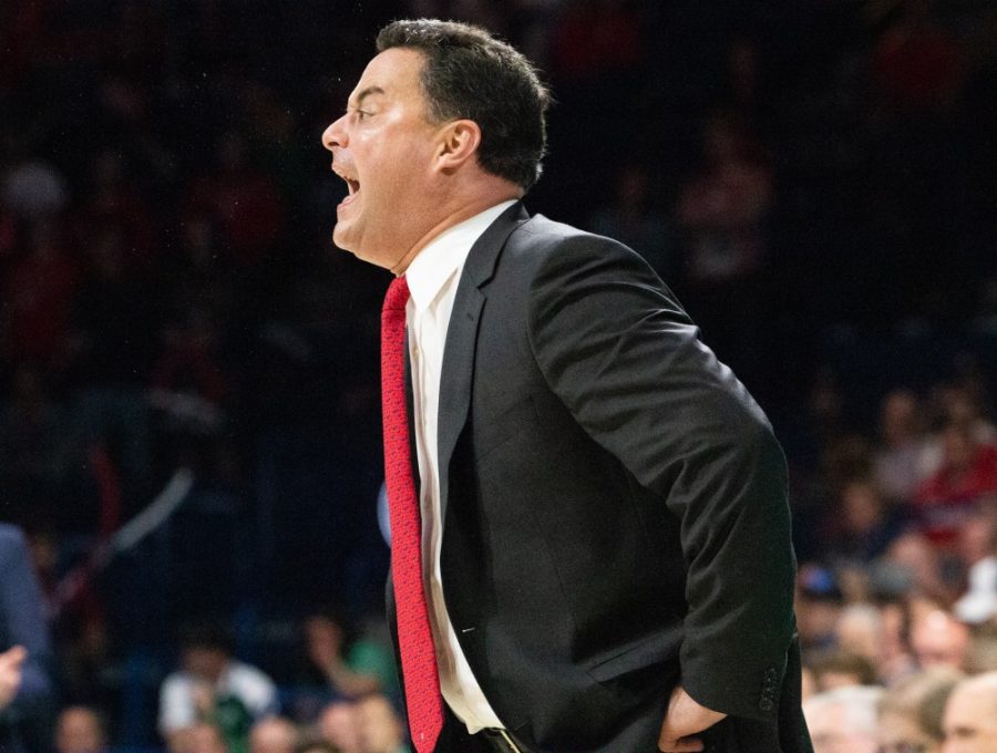 Coach+Sean+Miller+gives+orders+to+his+team+from+the+sidelines+during+the+game+against+Utah+Valley+on+Thursday%2C+Dec.+6+at+McKale+Center.