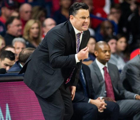 Coach Sean Miller yells at his team from the sidelines during the game against UC Davis on Saturday, Dec. 22 at McKale Center.