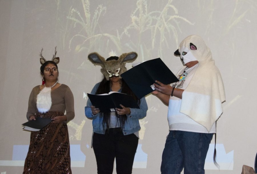  The main characters Rabbit, Sheep, and Deer interact with each other in the Hai Dooleel (When Winter Comes) play. The students of AIS/LING 204A wrote and directed a play in the native Diné language. 