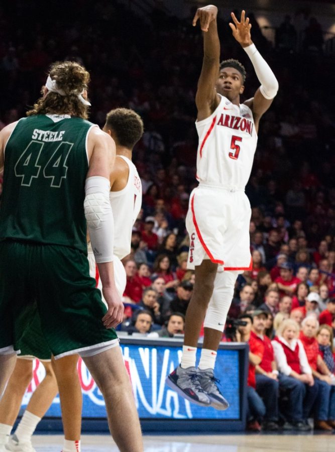 Guard+Brandon+Randolph+%285%29+shoots+a+three-pointer+during+the+game+against+Utah+Valley+on+Thursday%2C+Dec.+6+at+McKale+Center.
