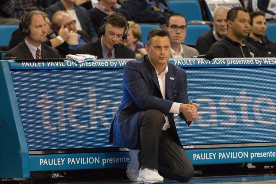 Sean Miller looks displeased as his Wildcats struggled mightily throughout the game against Pac 12 rival UCLA on January 26th.