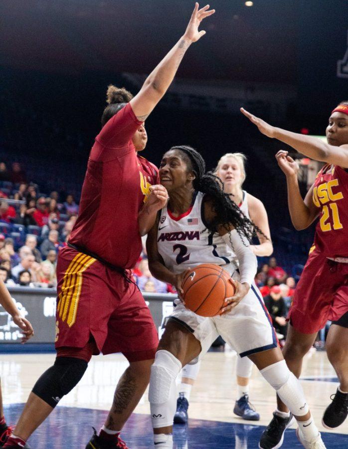 Guard Aari McDonald (2) pushes past a USC defender during the game on Friday, Jan. 25 at McKale Center. Arizona defeated USC 71-68. 