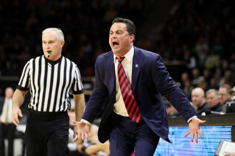 Arizona head coach Sean Miller yells angrily from the sideline during the Arizona-Colorado game in Boulder, CO on Feb. 17.