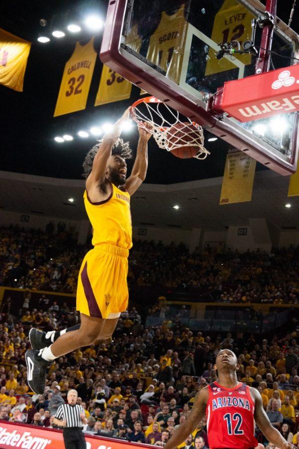 ASUs Remy Martin (1) dunks the ball during the game on Thursday, Jan. 31 at Wells Fargo Arena. Arizona was defeated by ASU in overtime 95-88. 