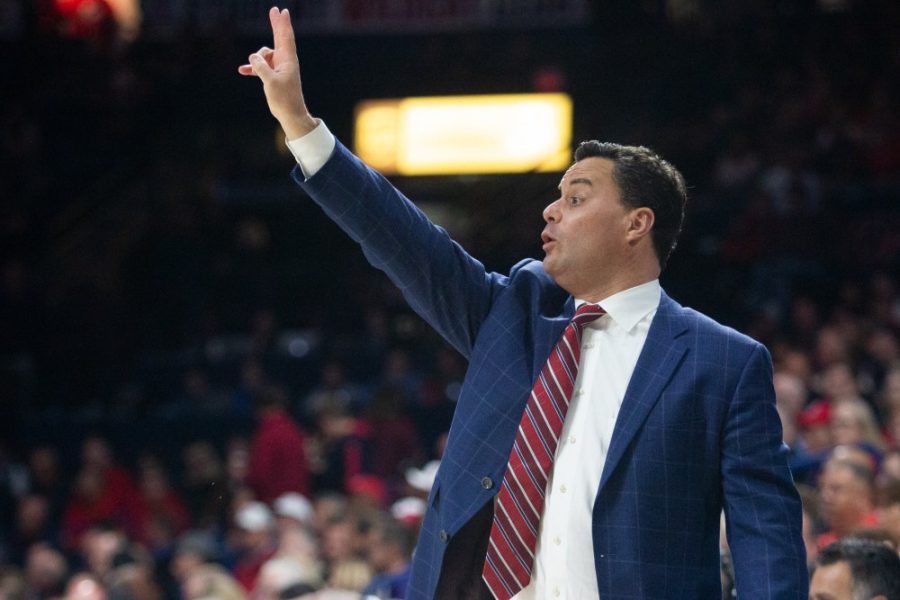 Head coach Sean Miller signals orders to his players during the game against Washington on Thursday, Feb. 7, 2019, in McKale Center. Arizona lost the game 67-60. 