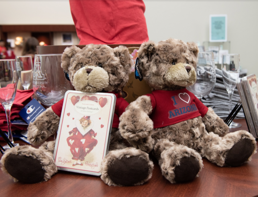 In the UA Bookstore, workers setup a Valentines display that correlate both the University and the spirit of the Valentines Day.  The display showcases different types of gifts that can be given to someone’s special partner. The display contains teddy bears, cards, t-shirts, and coffee items. The University of Arizona ZonaZoo will be donating Valentines day cards to patients in the Diamonds Childrens Hospital on Feb. 14.
