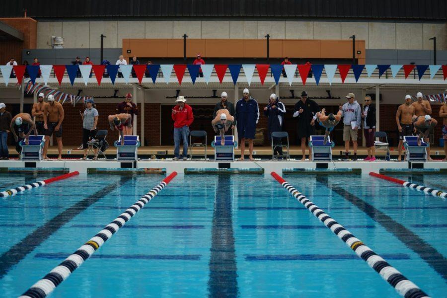 Before the start of the first meet, the swimmers take their positions on the block, waiting for the whistle. 