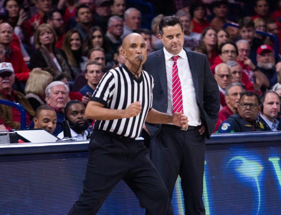 Sean Miller watches the game against Cal from the sidelines on Thursday, Feb. 21, in McKale Center.