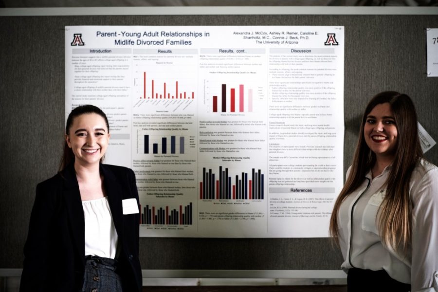 Undergraduates Alexandra McCoy and Ashley Rerner in front of their study about divorced families on Feb. 13 at the Student Showcase in Tucson, Ariz. McCoy and Rerner focused on families that divorced while the kids were of college age.