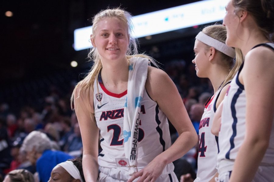 Arizona forward Cate Reese (25) is all smiles after the Wildcats got their first sweep of the season. Reese finished with a team high 17 points against Colorado. 