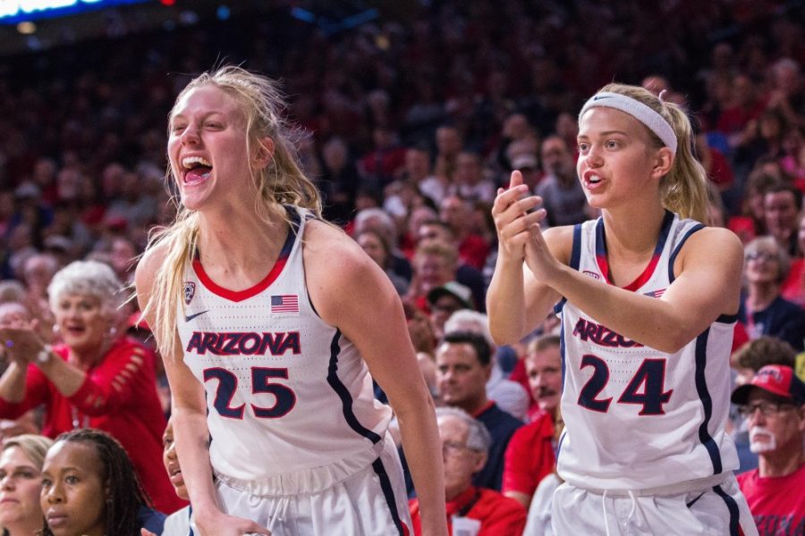 Arizona Wildcat players Cate Reese (25) and Bryce Nixon (24) cheer their teammates on after a made basket on Thursday, March 28th at McKale Center in Tucson, Arizona. 