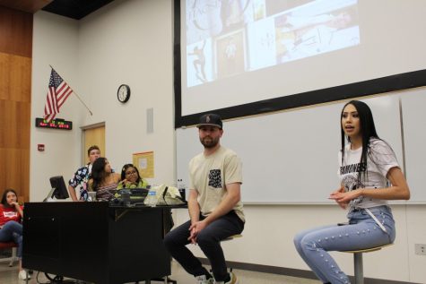 Designers Quinlan Wichita (left) and Elizabeth Villasenor (right) talk to UA students about their startup clothing lines at McClelland Park on Wednesday, April 24, 2019. UA TREND Fashion Club will host The UA Runway Show on Saturday at 4:30 p.m.