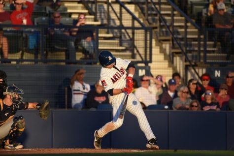 Arizona's junior infielder Camera Cannon at bat during the game against the University of California Berkley Bears on April 13, 2019, at Hi Corbett Field. The game ended in a final score of 7-3, a win for the Bears.