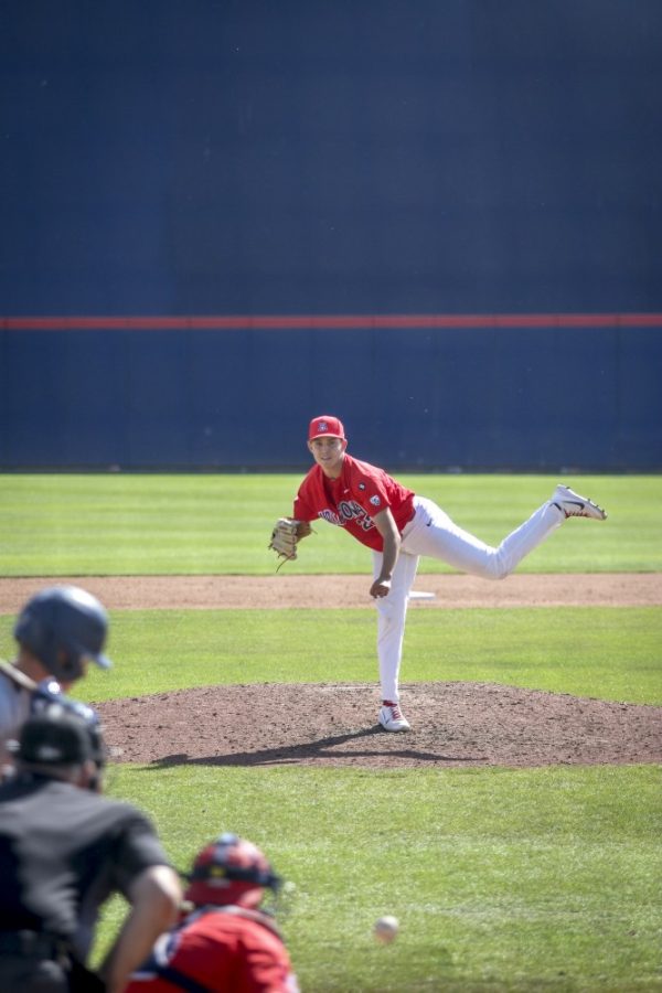 <p>Tucson Ariz.- Pitcher, Avery Weems (27) final closer to end the game after Zack was taken out of he mound on Sunday April 14, 2019 at Hi Corbett Field. Arizona wins 4-2 in the series finale against the California Golden Bears.</p>