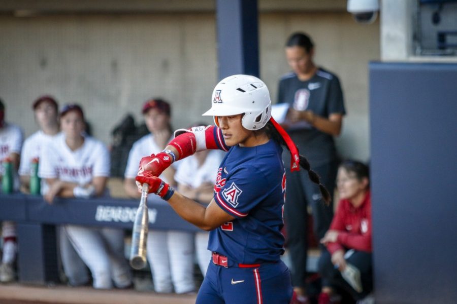 
Alyssa Palomino (32) scored two runs against Stanford on Friday April. 19 in Tucson, Ariz. in the Hillenbrand Stadium. Arizona defeats Stanford 13-2 in five innings. 
