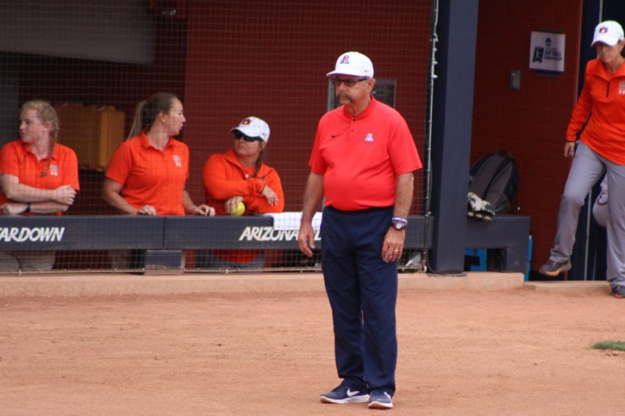 Arizona softball head coach Mike Candrea stands near third base during a game against Auburn in the Tucson Regional Championship at Hillenbrand Stadium on May 19. 