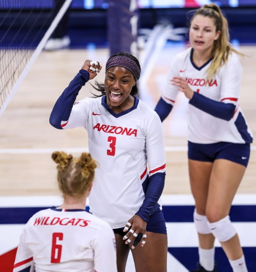 Arizona Wildcats middle blocker Shardonee Hayes (3) celebrates a point during the Arizona Wildcats vs. Appalachian St. volleyball game 8/30/19 at McKale Center in Tucson, Ariz.
Photo by Mike Christy / Arizona Athletics