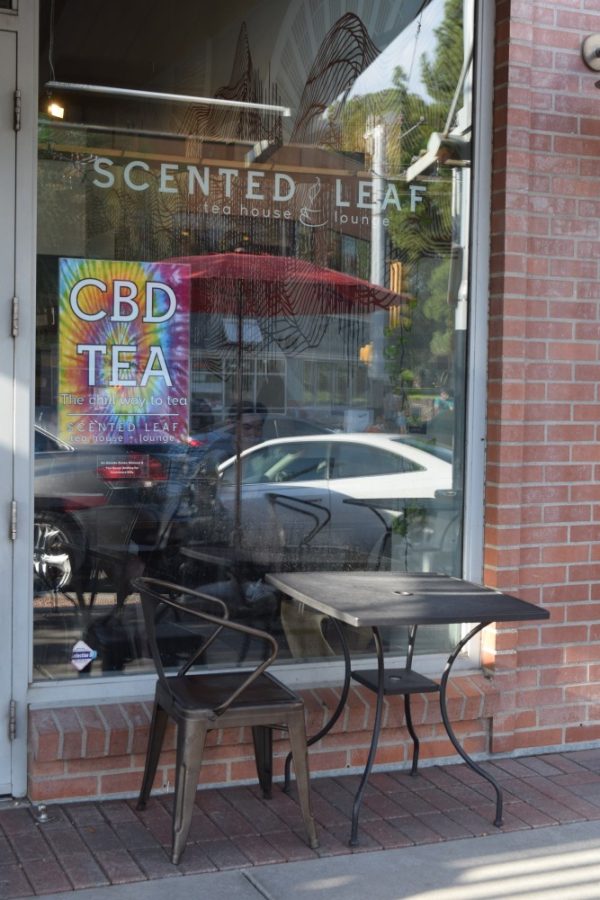 The+Scented+Leaf+on+University+advertising+their+new+CBD+Tea.+CBD+is+a+natural+remedy+that+is+meant+to+calm+you.