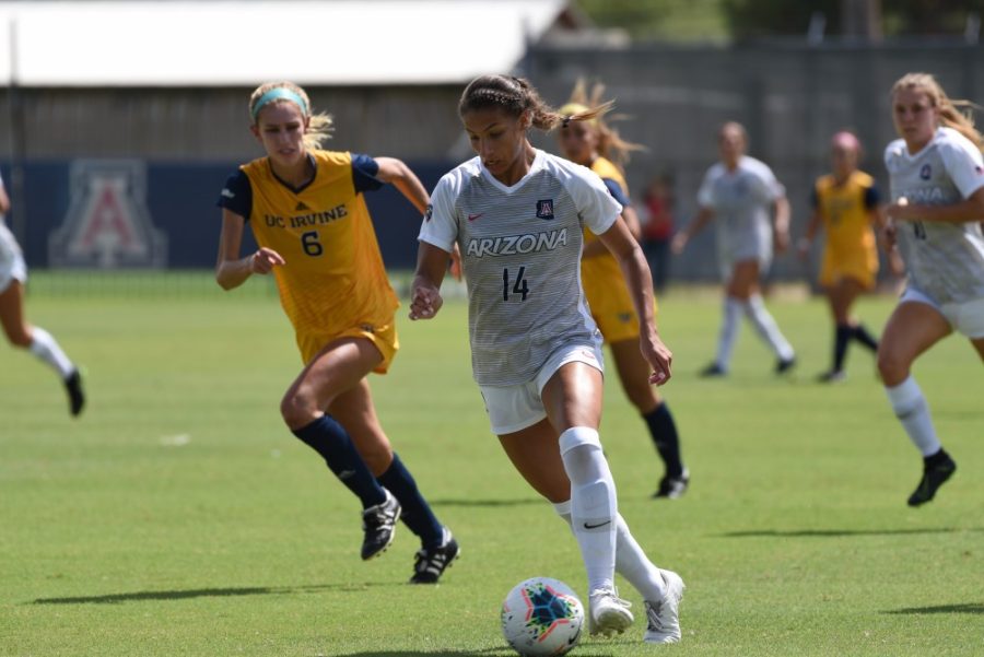 Arizona womens soccer teams junior forward, Jill Aguilera, dribbling the ball up the field during the game against University of California Irvine on Sunday, Sept. 8, 2019, at Murphey field. The game ended with a score of 4-0, a win for the Wildcats. 