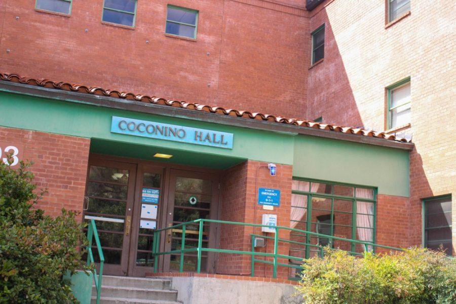An entrance into the University of Arizonas Coconino Residence Hall.