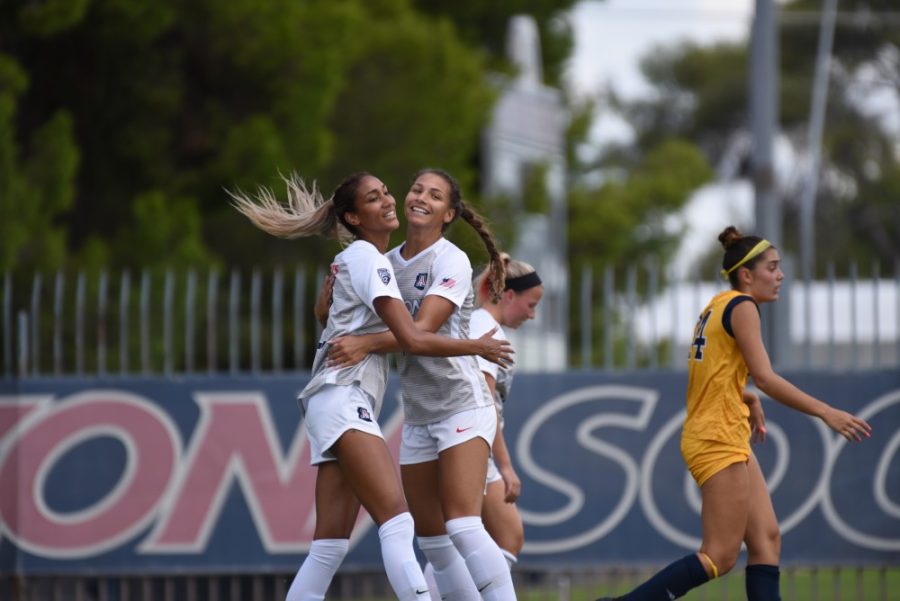 Arizonas junior forwards, Jill Aguilera (right) and Jada Talley (left) celebrating after Arizonas second goal in the game against University of California Irvine on Sunday, Sept. 8, 2019, at Murphey field. The game ended with a score of 4-0, a win for the wildcats.