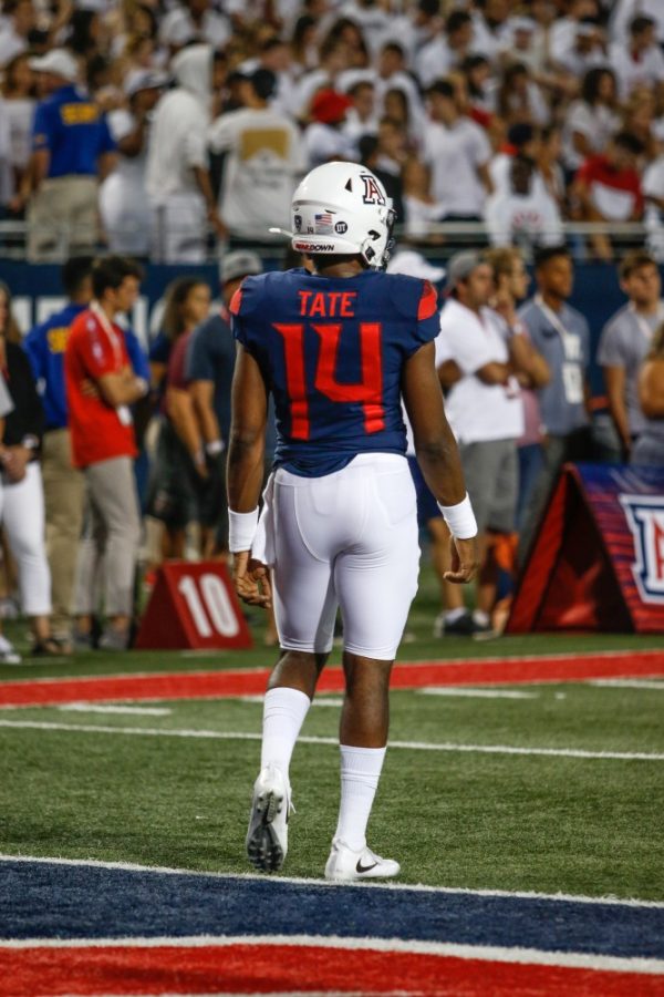 Khalil+Tate+during+the+game+vs.+Texas+Tech.++The+wildcats+won+the+night+with+a+score+of+28-14.