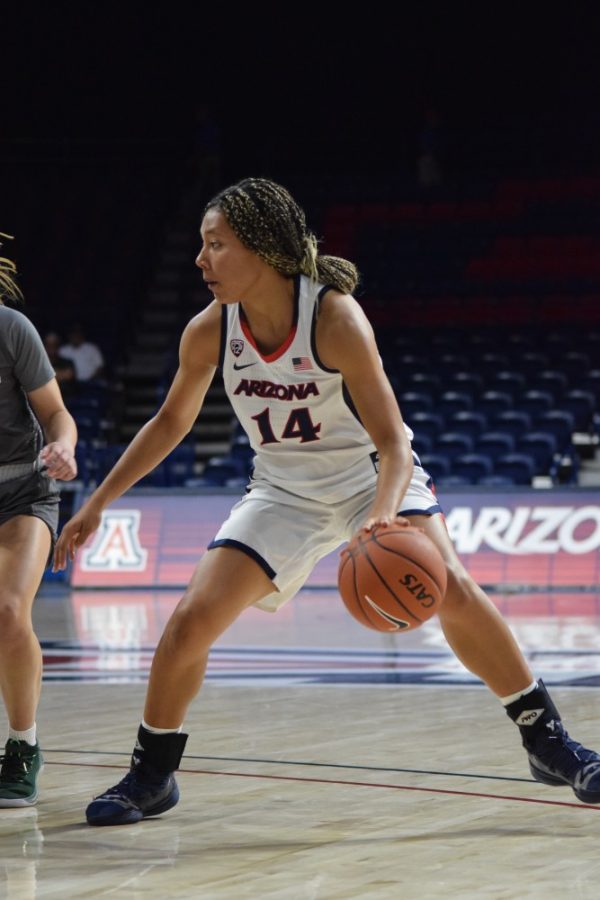 University of Arizona Women’s basketball forward Sam Thomas at the game against Eastern New Mexico on October 27. UA won the game 85-38.