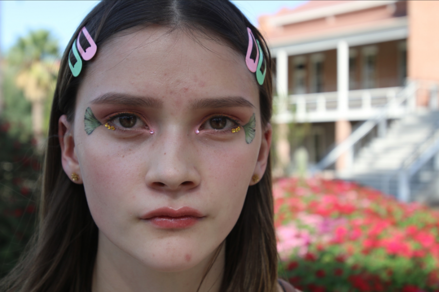 Freshman Rowan Snider shows the makeup look she created that was inspired by the show Euphoria. Snider is a Studio Art major, with an emphasis in illustration and design, and says the shows visuals inspire her.
