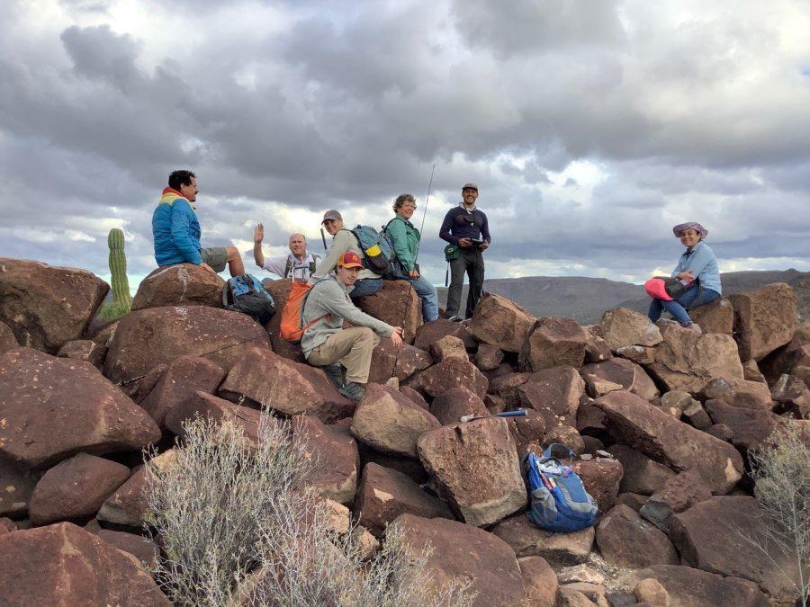 The BGG (Baja GeoGenomics) team on top of a lava flow in the middle of the Baja peninsula in the vicinity of Volcán Tres Virgenes.