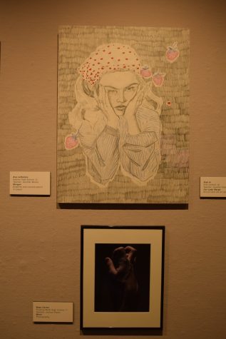 Pieces by Ava Lattanzio and Beau Carter on display at the University of Arizona Museum of Art. The Our Stories art exhibit features art from 15 different high schools around Tucson.