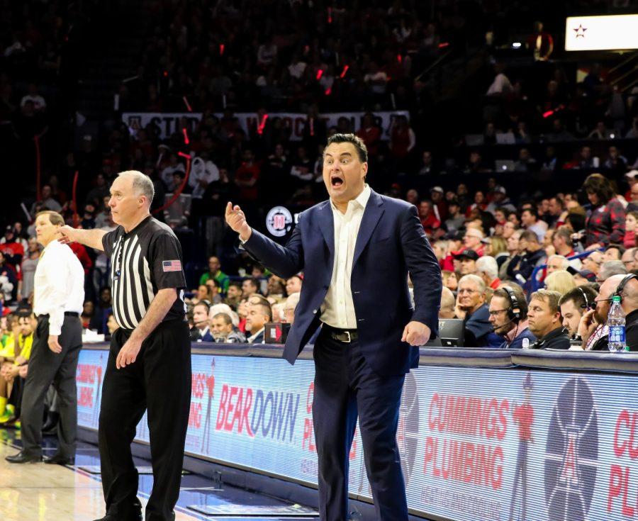 Sean Miller yells out calls to his players during the Arizona-Oregon game at McKale Center on February 22, 2020 in Tucson, Ariz. 