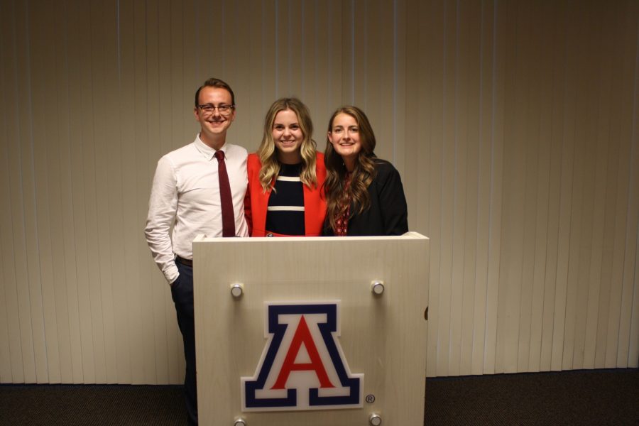 ASUA 2019-2020 Executive officers, Bennet Adamson, Sydney Hess, and Kate Rosenstengel smile for a photo after the ASUA debates during the 2019 election. 