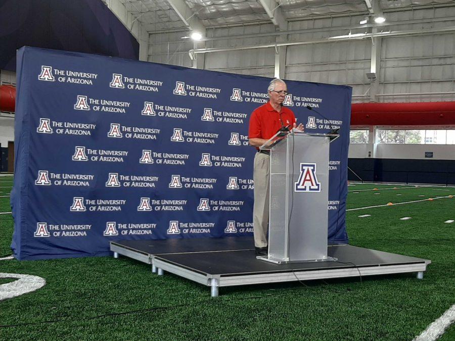 President Robbins at a press conference in the Cole and Jeannie Davis Sports Center on Thursday, April 30. There, he announced the return of in-person sessions for fall 2020.