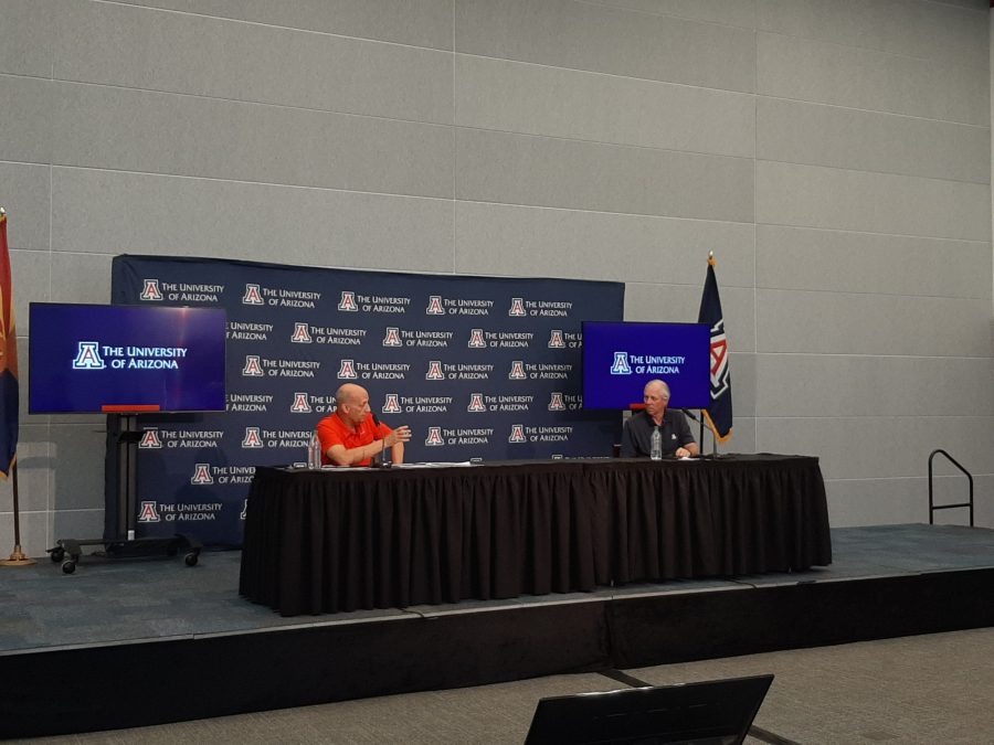 Reentry Task Force Director Dr. Richard Carmona and President Dr. Robert C. Robbins at the June 25 weekly briefing, where they discussed current U.S. and Arizona coronavirus statistics.