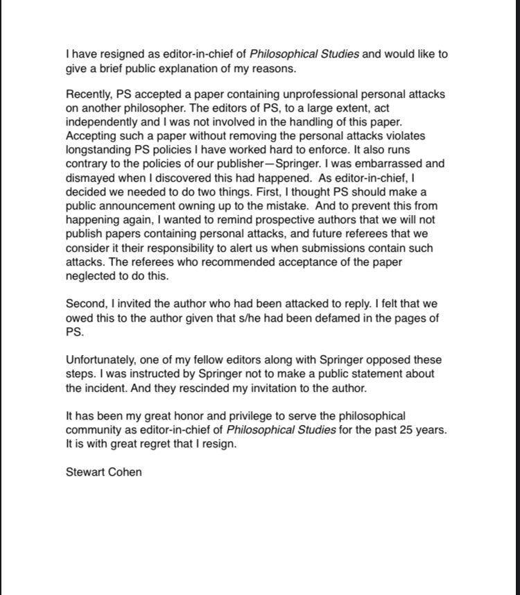 University of Arizona Philosophy Professor Stewart Cohens publicly accessible resignation letter as editor-in-chief of Philosophical Studies journal