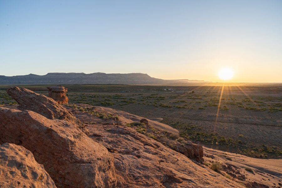 Valley overlook of a Navajo community within the Navajo nation at sunset. Photo taken June 8, 2019.