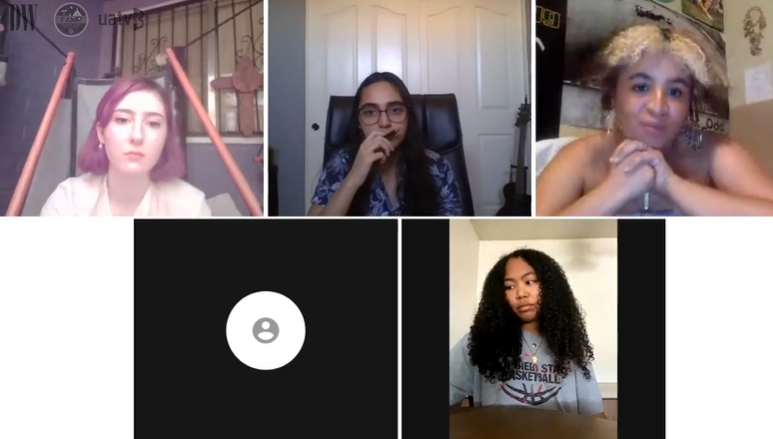 Screenshot from Black Voices of Tucson Episode 2.2, featuring March 4 Justice Tucson founders Jasmine Drummer (bottom right), Tiana McDaniel (top right) and Jovanna (bottom left), hosted by Daily Wildcat Arts Editor Ella McCarville (top left) and News Editor Priya Jandu (top center).
