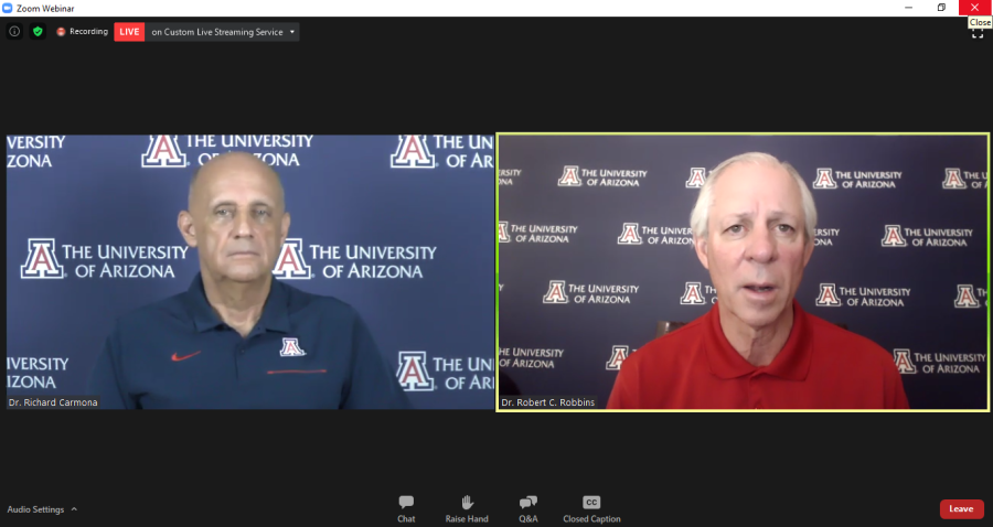 Reentry Task Force Director Dr. Richard Carmona and UA President Dr. Robert C. Robbins discussed reentry plans during a virtual press conference Thursday, July 16. Robbins and Carmona reviewed the four modalities for instruction and the furlough plan. 