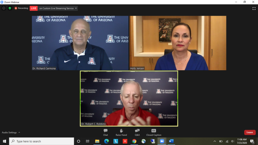 Screenshot+from+the+virtual+campus+reentry+briefing+with+UA+President+Dr.+Robert+C.+Robbins+and+Reentry+Task+Force+Director+Dr.+Richard+Carmona+on+July+23.+At+the+briefing%2C+Robbins+formally+announced+a+return+to+campus+for+fall+2020.