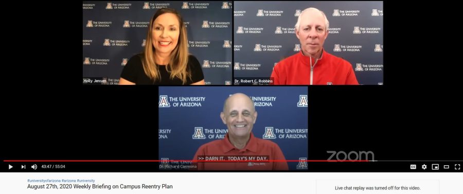 Vice President of Communications Holly Jensen, President Robert C. Robbins and Task Force Director Dr. Richard Carmona discussed the detection of a possible outbreak in a University of Arizona dorm at the Aug. 28 reentry press conference. 