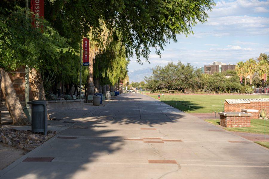 A zoomed in perspective of the sidewalk perspective of the Student union sidewalk during sunset. Taken on August 10th, 2020.