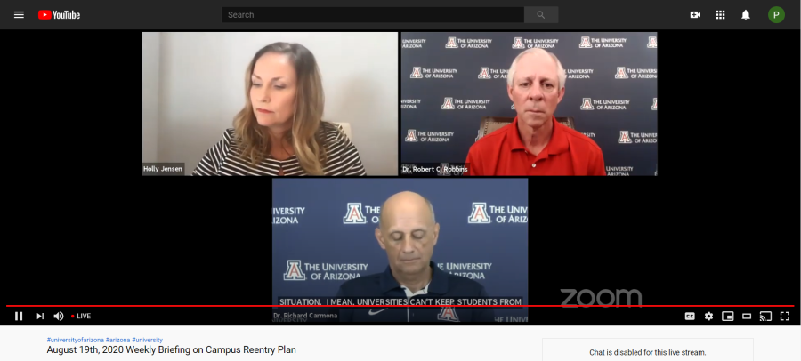 Vice President of Communications Holly Jensen, University of Arizona President Robert C. Robbins and Task Force Director Dr. Richard Carmona discussed campus reopening in less than a week and the new COVIDWatch app during the Aug. 19 press conference.