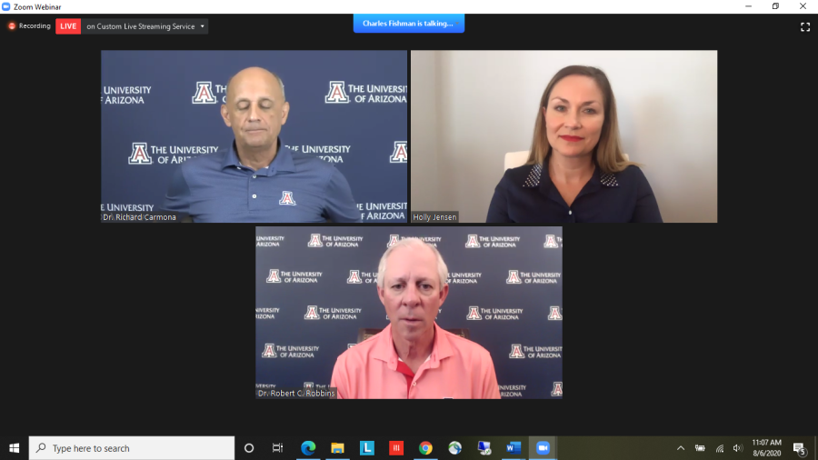 Screenshot from the Aug. 6 reentry briefing with UA President Dr. Robert C. Robbins and Reentry Task Force Director Dr. Richard Carmona where Robbins announced two- to three-week reentry phases and said he supported UA employees decision to unionize.