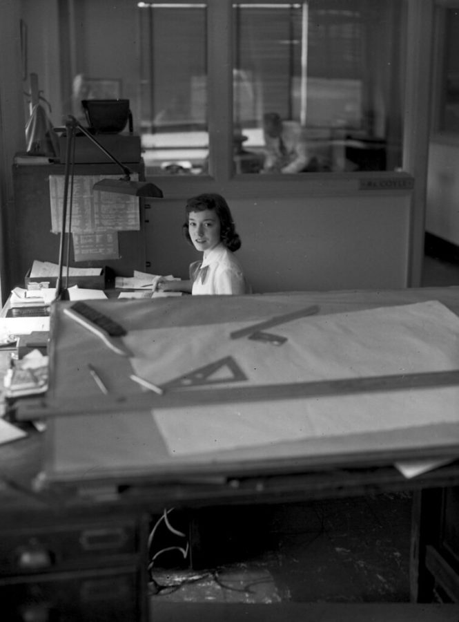 Midvale Company employee Joyce Anderson at desk in Payroll Department, March 1951 